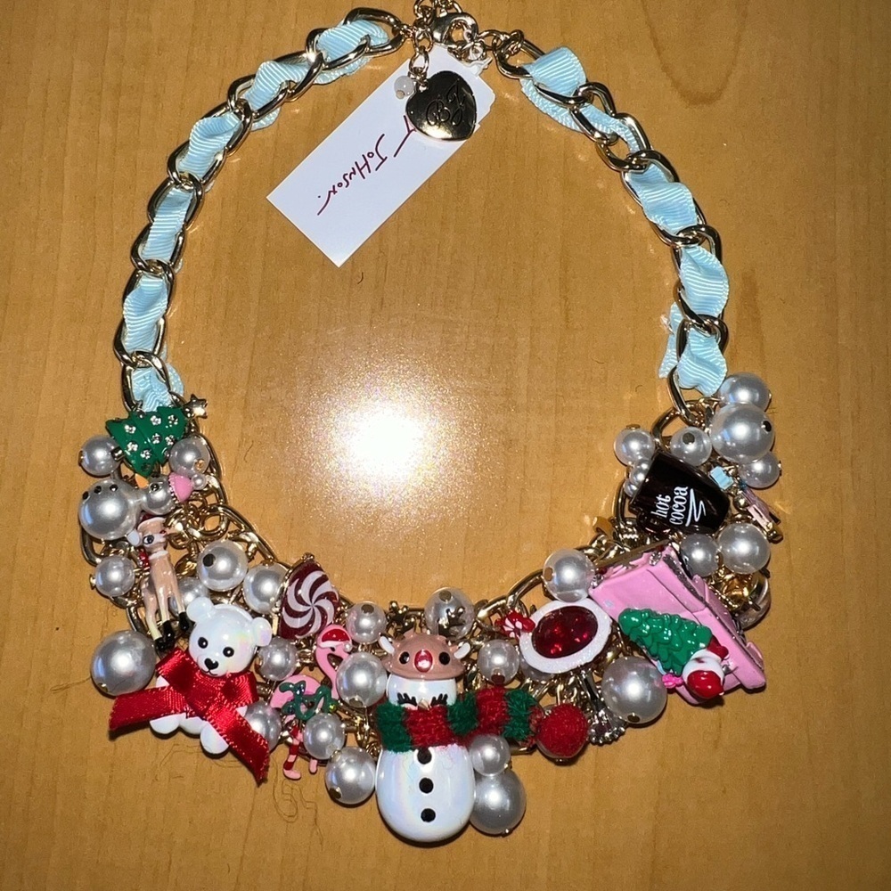 Betsey Johnson rhinestones snowman Santa pink car Christmas necklace‎